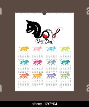 Kalender 2018 Design. Chinesisches neues Jahr, das Jahr des Hundes Sternzeichen monatliche Karten vorlagen. Set mit 12 Monat Stock Vektor