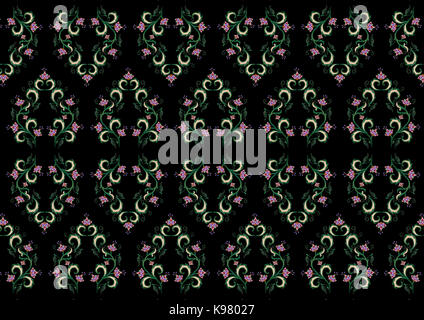Schwarz nahtlose Hintergrund der stilisierten Ast mit lila Blüten und Blätter Stockfoto