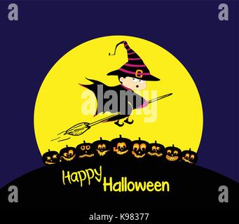 Flying cartoon Hexe und Kürbis. Großer Mond. Happy Halloween card Stock Vektor