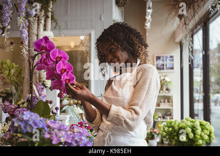 Weibliche Blumengeschäft Blumen berühren in Flower Shop Stockfoto