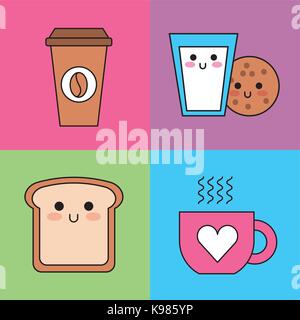 Kawaii icons Frühstück Kaffee cookie Milch eingestellt Stock Vektor