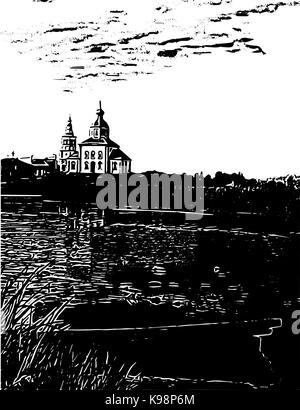 Landschaft mit ein. Hand gezeichnet Gravur. Stock Vektor