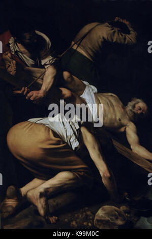 Caravaggio (1571-1610). Italienischer Maler. Die Kreuzigung des hl. Petrus, 1601. Für die Cerasi Kapelle von Santa Maria del Popolo in Rom, Italien gemalt. Stockfoto