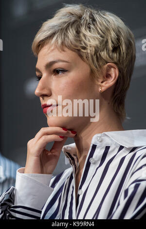 Schauspielerin Ursula Corbero auf der Pressekonferenz von "Cinergia: Proyecto Tiempo" während der 65Th San Sebastian Film Festival in San Sebastian, Spanien, am 22. September 2017. Stockfoto