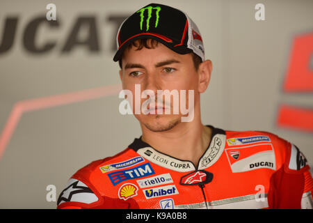 Alcañiz, Spanien. 22 Sep, 2017. #99 Jorge Lorenzo (Spanisch) Ducati Team Ducati in der freien Praxis der Aragon Motorrad Grand Prix, Stromkreis der Motorland, Alcañiz, Spanien. Freitag, 22 September, 2017. Credit: Gtres Información más Comuniación auf Linie, S.L./Alamy leben Nachrichten Stockfoto