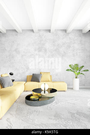 Modernes Schlafzimmer gelbes Sofa Luxus minimal Style Interior loft Design mit vielseitigen Wand. 3D-Rendering. Stockfoto