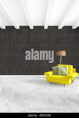 Modernes Schlafzimmer gelbes Sofa Luxus minimal Style Interior loft Design mit vielseitigen Wand. 3D-Rendering. Stockfoto