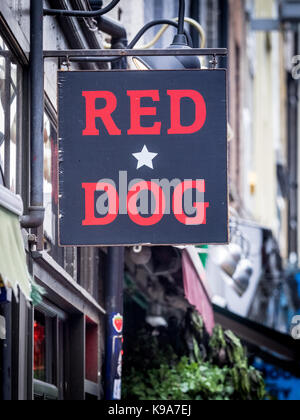 Red Dog Saloon Soho London - Zeichen außerhalb des Red Dog Saloon American BBQ Style Restaurant in Berwick Street im Londoner Stadtteil Soho Stockfoto