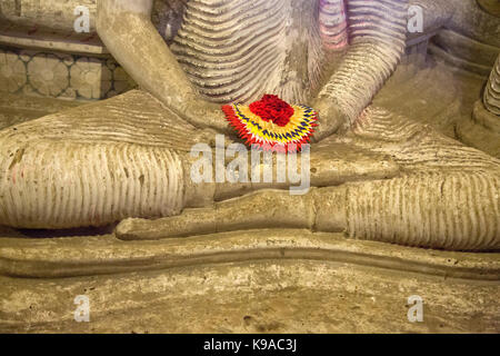 Dambulla Sri Lanka Dambulla Höhlen Tempeln - Höhle II Maharaja Viharaya in der Nähe der Statue des Sitzenden Buddha, Dhyana Mudra Geste der Meditation Holding Blume Angebot in Händen Stockfoto