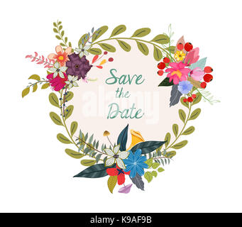 Cute rustikalen Kranz mit Hand gezeichnete Blumen und Hand geschriebenen Text Datum speichern Stockfoto