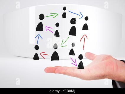 Digital composite von Hand gezeichnete Menschen Profil die Symbole mit der offenen Hand Stockfoto