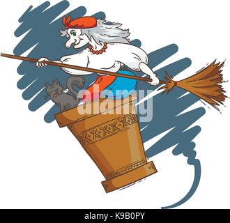 Baba Yaga fliegen in einem Mörser mit Katze und Besen in der Nacht. Russische oma Hexe. Halloween vektor Cartoon Illustration. Stock Vektor