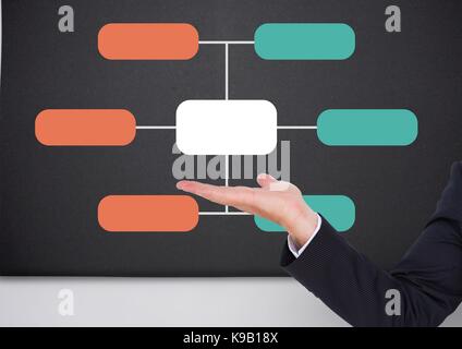 Digitales Komposit aus der Hand von Frau präsentiert bunte Tabelle auf der Tafel Stockfoto