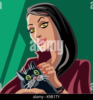 Cartoon rote Hexe und schwarze Katze. lustige magische Zeichen. grünen Hintergrund. Vector Illustration. Stock Vektor
