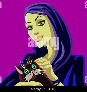 Cartoon hübsche blaue Hexe petting rote Katze. lustige magische Zeichen. Vector Illustration. Stock Vektor