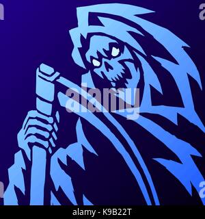 Beängstigend Sensenmann Vector Illustration. spooky Apokalypse Daemon. Geist rock Schädel. ghost Skelett. Alptraum schrecklichen Maul. Massaker phantom Monster. Stock Vektor