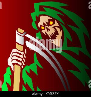 Beängstigend Sensenmann Vector Illustration. Spooky Apokalypse Daemon. Geist Rock Schädel. Ghost Skelett. Alptraum schrecklichen Maul. Massaker Phantom Monster. Stock Vektor