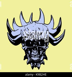 Daemon Schädel mit Corona von Dornen. Vector Illustration. gelben Hintergrund Stock Vektor