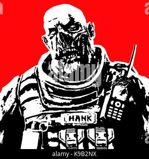 Fat zombie Soldat in Schwarz Weiß auf rotem Hintergrund. Vector Illustration. scary Horror Charakter. Stock Vektor