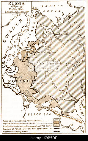 Eine 1910 Karte Russland angezeigt und die umliegenden Regionen zwischen 1689 und 1795 und Grenzen vor Partition Stockfoto