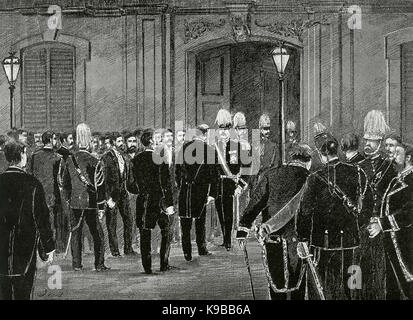 Spanien. Katalonien. Barcelona. Weltausstellung von 1888. Der Bürgermeister von Barcelona, Francisco de Paula Rius i Taulet (1833-1889) und bietet dem König Luis I. von Portugal (1838-1889) der Royal Pavilion. Stich von J. Vehil. "Die iberischen Illustration', 1888. Stockfoto