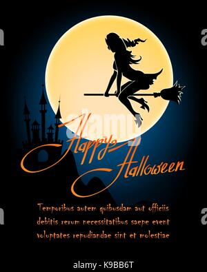 Happy Halloween poster Mit fliegende Hexe, Dark Castle und der Mond. Vector Illustration. Stock Vektor