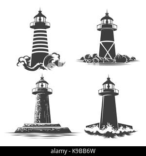 Leuchtturm Logo Design. Verschiedene Leuchtturm Embleme Vector Illustration. Stock Vektor