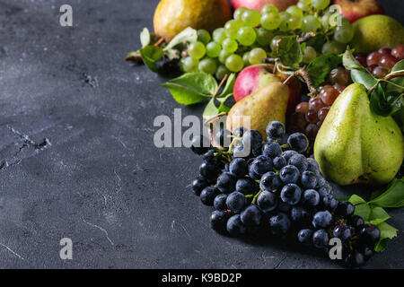 Vielzahl von Herbst Früchte reif organische Äpfel, drei Arten von Trauben, Birnen mit Blättern über dunkle Textur Hintergrund. Nahaufnahme mit dem Raum. Essen backgrou Stockfoto