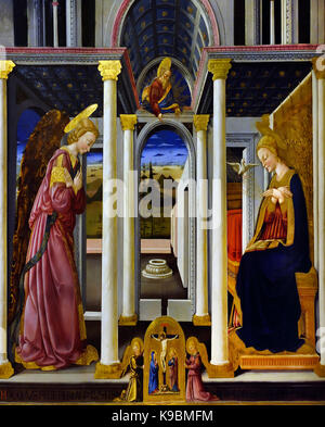 Annunciazione - Annunciation von Neri di Bicci 1419-1491 Galleria dell'Accademia di Firenza, Oder Galerie der Akademie von Florenz Italien. Verkündigung, gesegnet, Jungfrau Maria, die Ankündigung durch den ,Engel Gabriel, Maria, dass sie schwanger werden, einen Sohn durch eine, jungfräuliche Geburt, werden die, Mutter von Jesus Christus, christlichen Messias und Sohn Gottes, Menschwerdung, Stockfoto