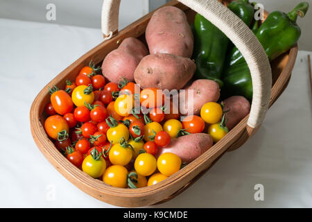 Frische Tomaten, Kartoffeln und grüne Paprika in einem trug und auf dem Display auf der Landesgartenschau. Stockfoto