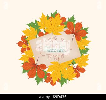 Thanksgiving. Bunte Blätter im Herbst auf einem alten Papier Stock Vektor