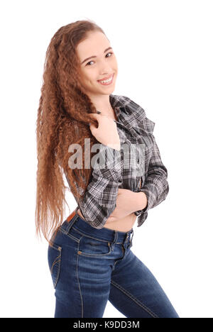 Schöne Mädchen mit langem gewelltem Haar. isoliert auf weißem Stockfoto