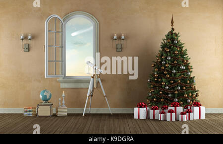 Alte Zimmer mit offenem Fenster, Fernglas und Weihnachtsbaum mit Geschenken - 3D-Rendering Stockfoto