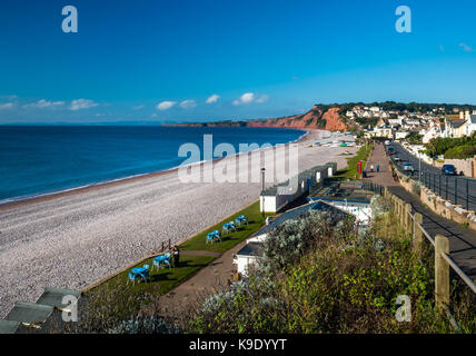 Bucht, Strand Hütten auf budleigh Meer Stockfoto