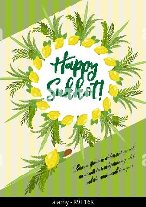 Happy Sukkot Flyer, Poster, Einladung. Sukkot Vorlage für Ihr Design Grußkarte und mehr mit Etrog, lulav, Arava, Hadas. Vector Illustration. Stock Vektor