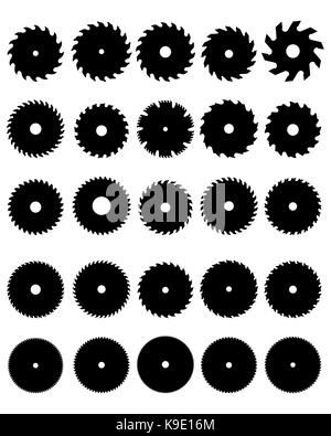 Schwarze Silhouetten verschiedener Kreissägeblätter, Vektor Stockfoto