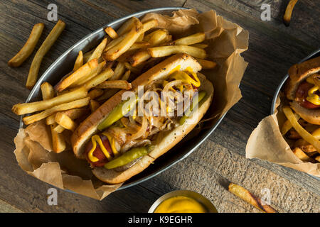 Hausgemachte Chicago Stil polnische Wurst mit Zwiebel Senf und Pfeffer Stockfoto