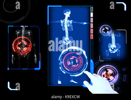 Medizinische Ausrüstung, Krankenhaus, ärztliche Untersuchung, anatomische scannen, die zukünftige Medizin, 3d-Skelett. Medical Office. Interaktiver Bildschirm. Stockfoto