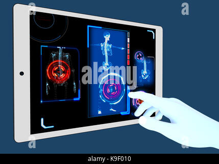 Medizinische Ausrüstung, Krankenhaus, ärztliche Untersuchung, anatomische scannen, die zukünftige Medizin, 3d-Skelett. Medical Office. Interaktiver Bildschirm. Stockfoto