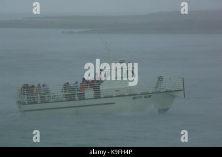 Ein Charter party Boot Köpfe offshore im Nebel zum Angeln in der Nähe von Port Aransas, Texas Stockfoto