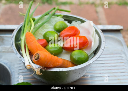 Gemüse (Zwiebeln, Karotten, Tomaten, Chinakohl) und Obst (Zitronen), gemischt, frisch in Metallschale auf Waschbecken gewaschen Stockfoto