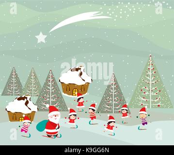 Skifahren santa claus und Kinder auf Winter Forest Stock Vektor
