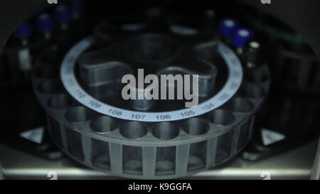 Wissenschaftler das kleine Rohr auf die Maschine im Labor. Zentrifuge Labor Medizin. Eine Zentrifuge spins Glasfläschchen mit Flüssigkeit in einem Labor testen. Pharmazeutische Industrie. Medizin- und Laborgeräte. Moderne elektronische Blut Zentrifuge in der Medizinischen Klinik. Die Durchstechflaschen sind im Auto angeordnet - Sampler für die Laborgeräte. Nahaufnahme von einem Chemiker mit Hilfe einer Zentrifuge im Labor. Selektive konzentrieren. Wissenschaft und Medizin Stockfoto