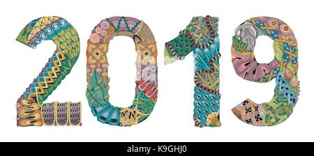 Anzahl 2019 Zentangle. Vektor dekoratives Objekt Stock Vektor