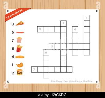 Kreuzworträtsel, Bildung Spiel für Kinder über Fast Food Stock Vektor