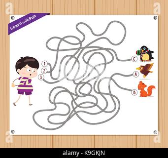 Labyrinth-spiel. lustige Kid versuchen, Tiere zu finden Stock Vektor