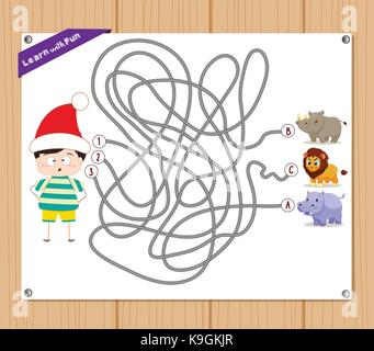 Labyrinth-spiel. lustige Kid versuchen, Tiere zu finden Stock Vektor