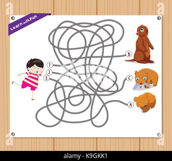 Labyrinth-spiel. lustige Kid versuchen, Tiere zu finden Stock Vektor