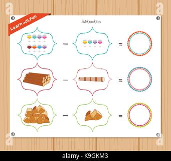 Subtraktion Anzahl - Arbeitsblatt für Bildung. Stock Vektor