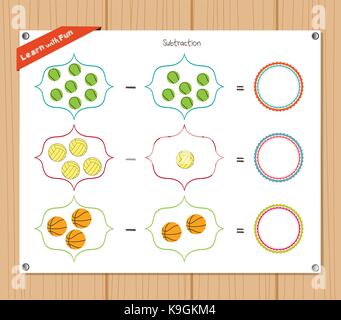 Subtraktion Anzahl - Arbeitsblatt für Bildung Stock Vektor